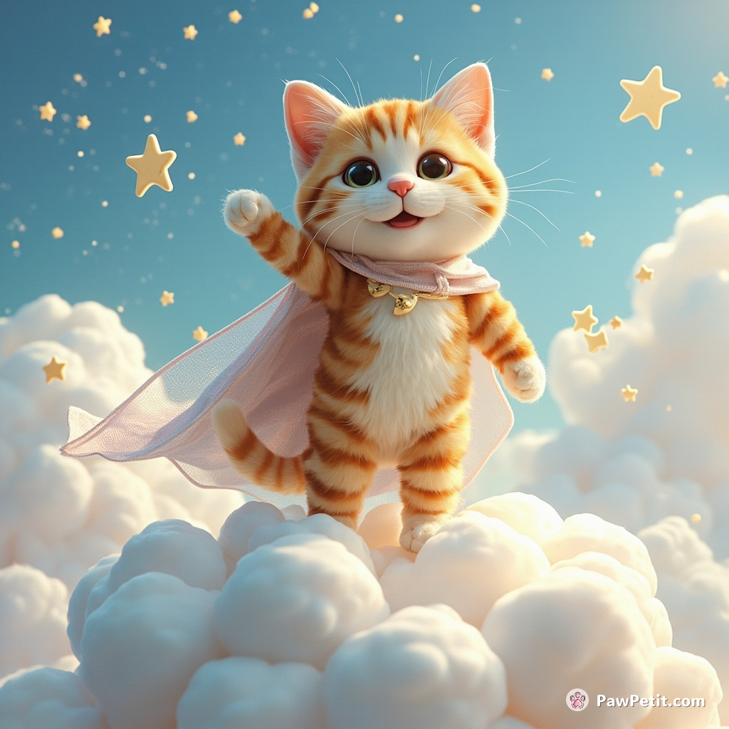 A cat breakdancing on a marshmallow cloud with sugarplum rain sprinkling down, draped in a cape made of starlight.