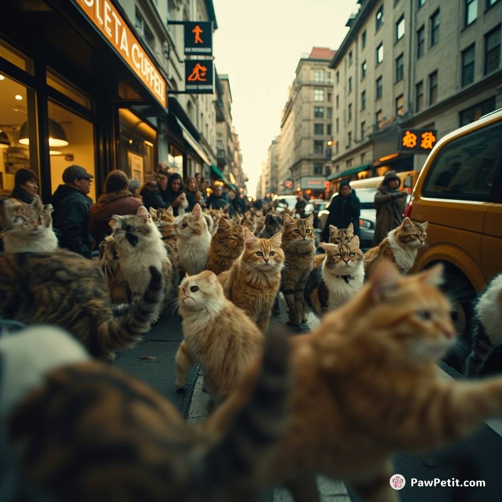 Large crowd of felines purchases coffee in unison, then disperse nonchalantly through rush-hour traffic, unfazed by people's confusion.