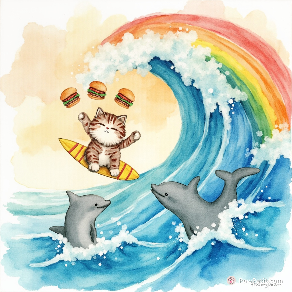Cat surfing on a rainbow wave with dolphins juggling cheeseburgers.