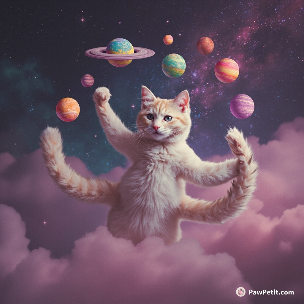 A cosmic cat using three tails to juggle miniature planets in a hazy nebula-filled sky.