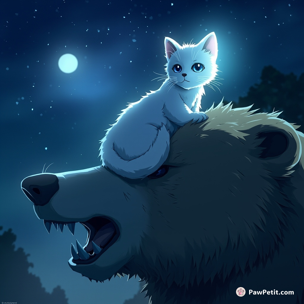 A cat made of crystal gleaming in lunar light, balancing on a prowling grizzly's snout.