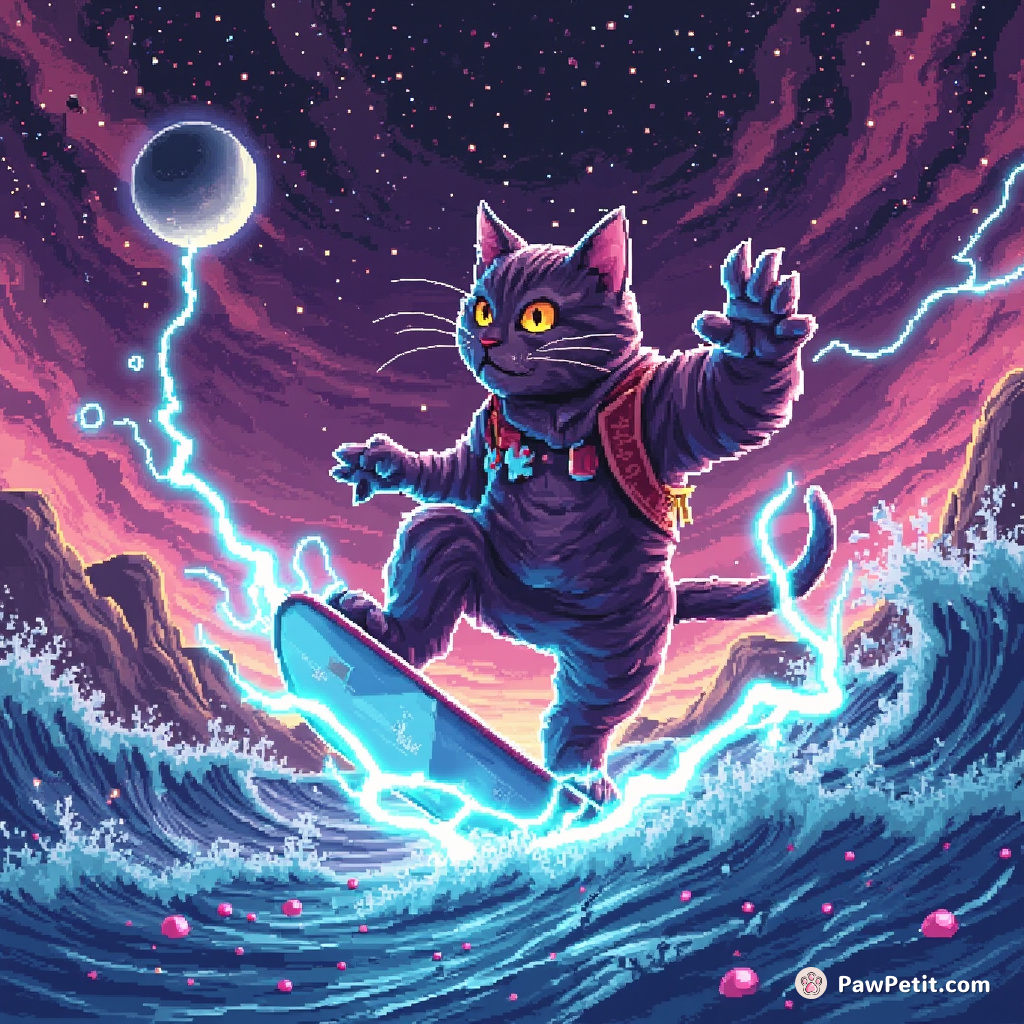 In a cyber oasis, a digital feline defies gravity, masterly surfing pixelated binary waves with electrified grace.