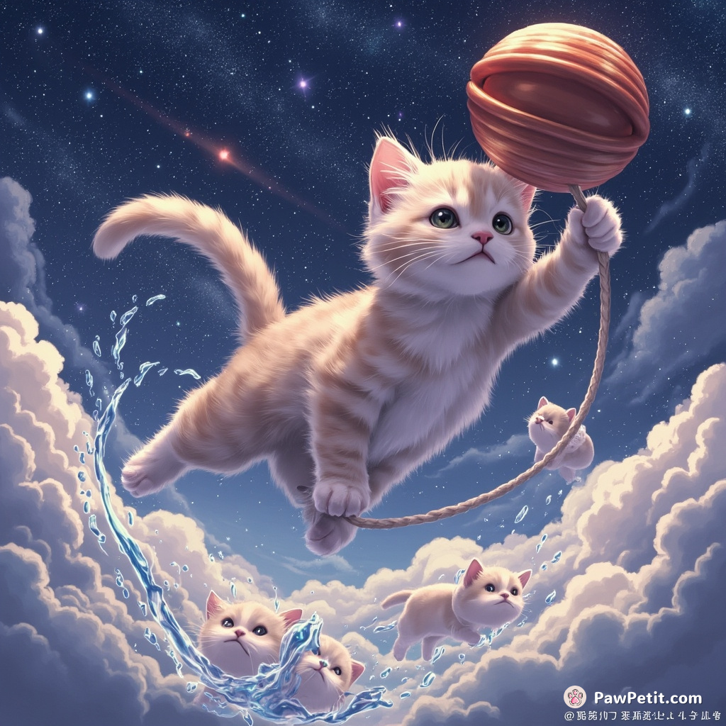 A cat using a giant yo-yo amid interstellar mountains, its energy creating duplicate cats like droplets of water.