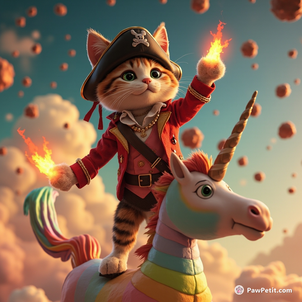 A calico cat dressed as a flamboyant pirate, balancing on a rainbow unicorn's horn, juggling tiny flaming asteroids.