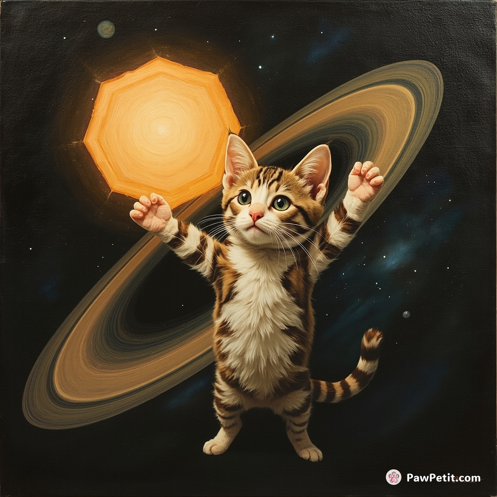 A cyclops cat balancing a glowing hexagonal orb upon both ears, suspended in zero gravity on Saturn's rings.