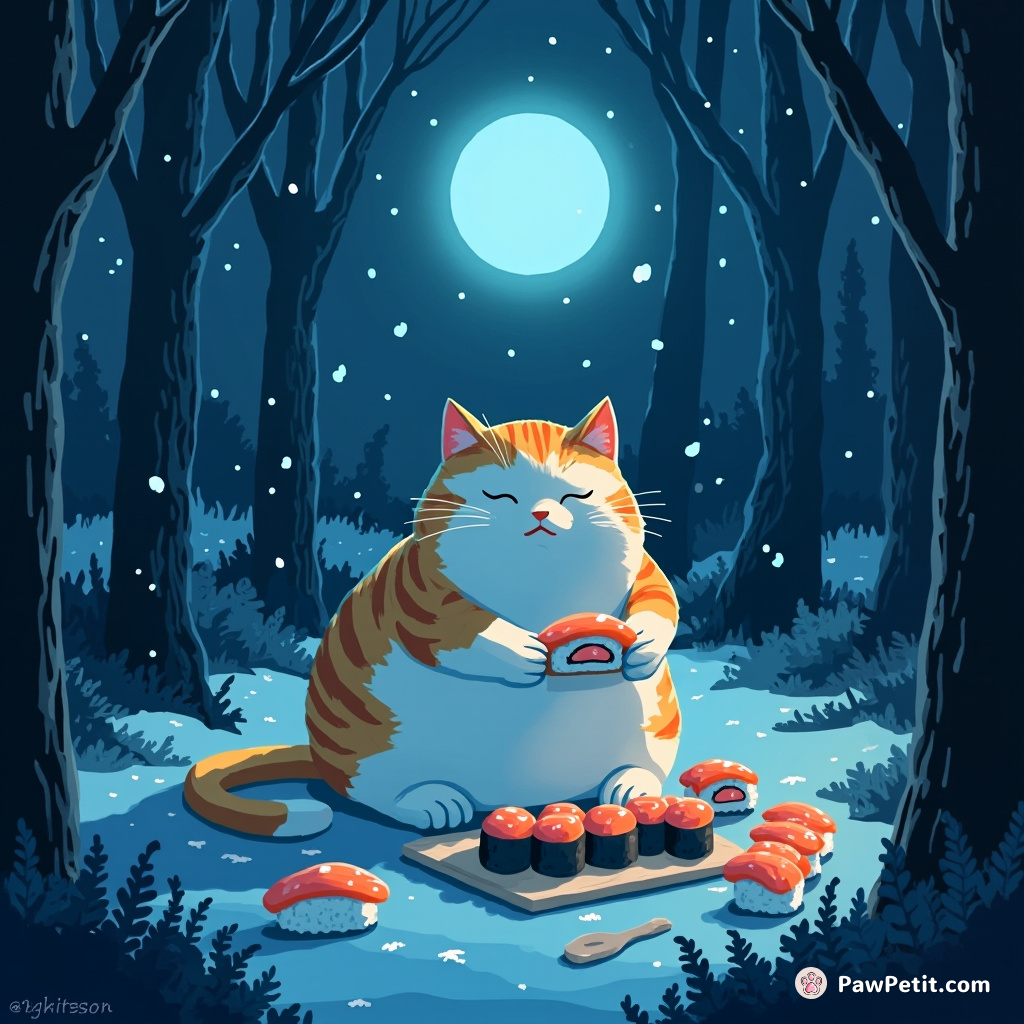 A giant cat making sushi rolls with raw fish in a forest, as a gentle snowfall glows blue under the neon rainbow moonlight.