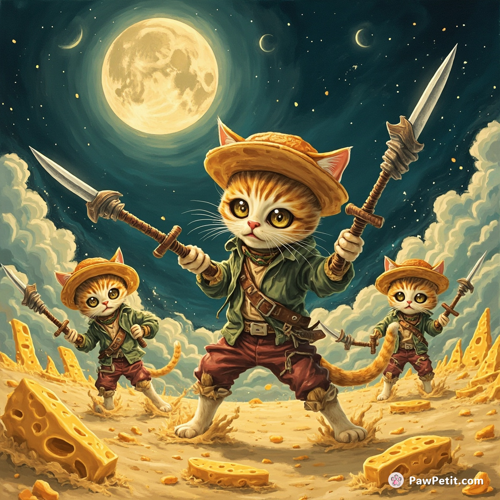 Cat zombie uprising with pancake hats, brandishing fish bone swords at moon-cheese landscape.