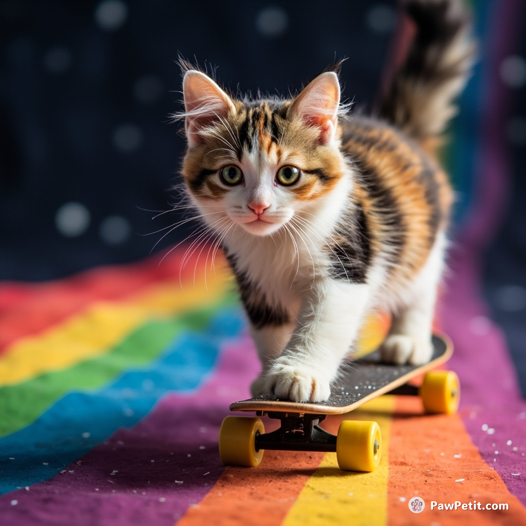 A calico cat skateboarding along a rainbow trail in the cosmos, trailing stardust.