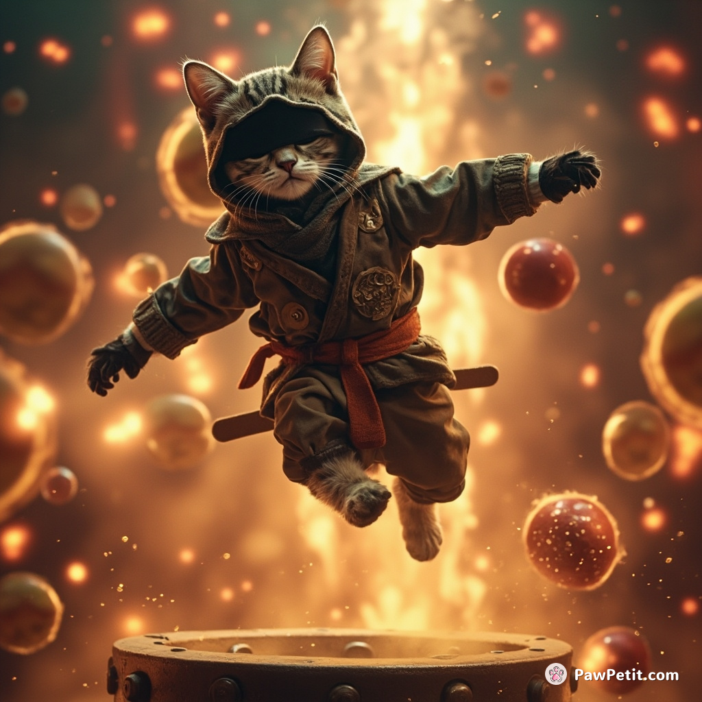 A stealthy ninja cat performing triple backflip over fuming alien shish-kebabs in glittering zero-gravity circus.