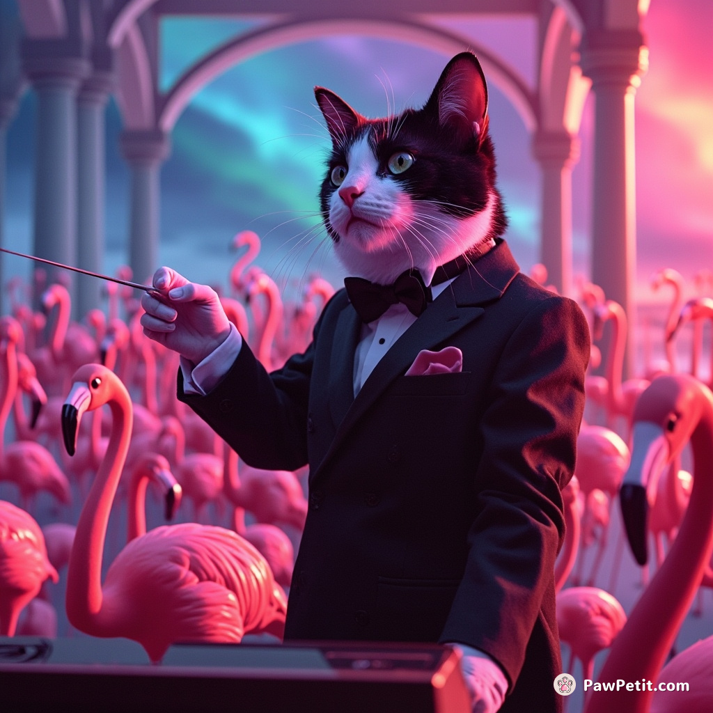 A tuxedo cat conducting a symphony of flamingos in a grand Venetian opera house during a colorful aurora borealis-like sunrise.