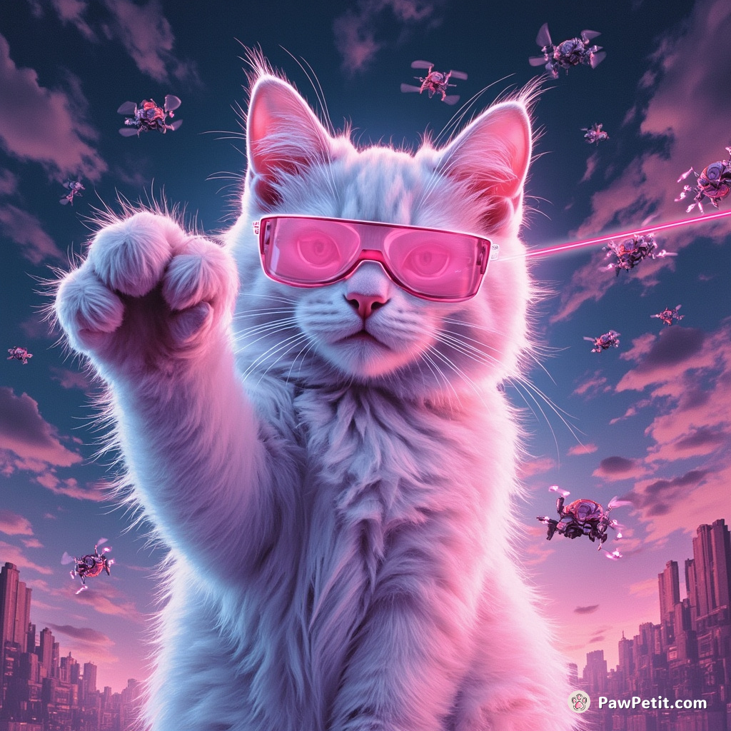 InvisiCat, singular in neon pizzazz, hacks through yonder grid of mechanized mouse-drones; its paw swipes epitomizing digital disruption.