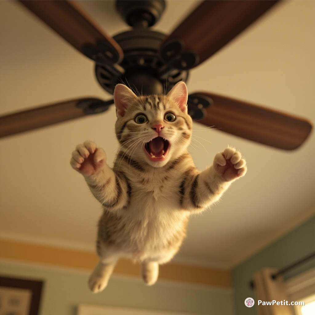 Cat leaps onto a spinning ceiling fan, claws entangled, eyes wide with panic.