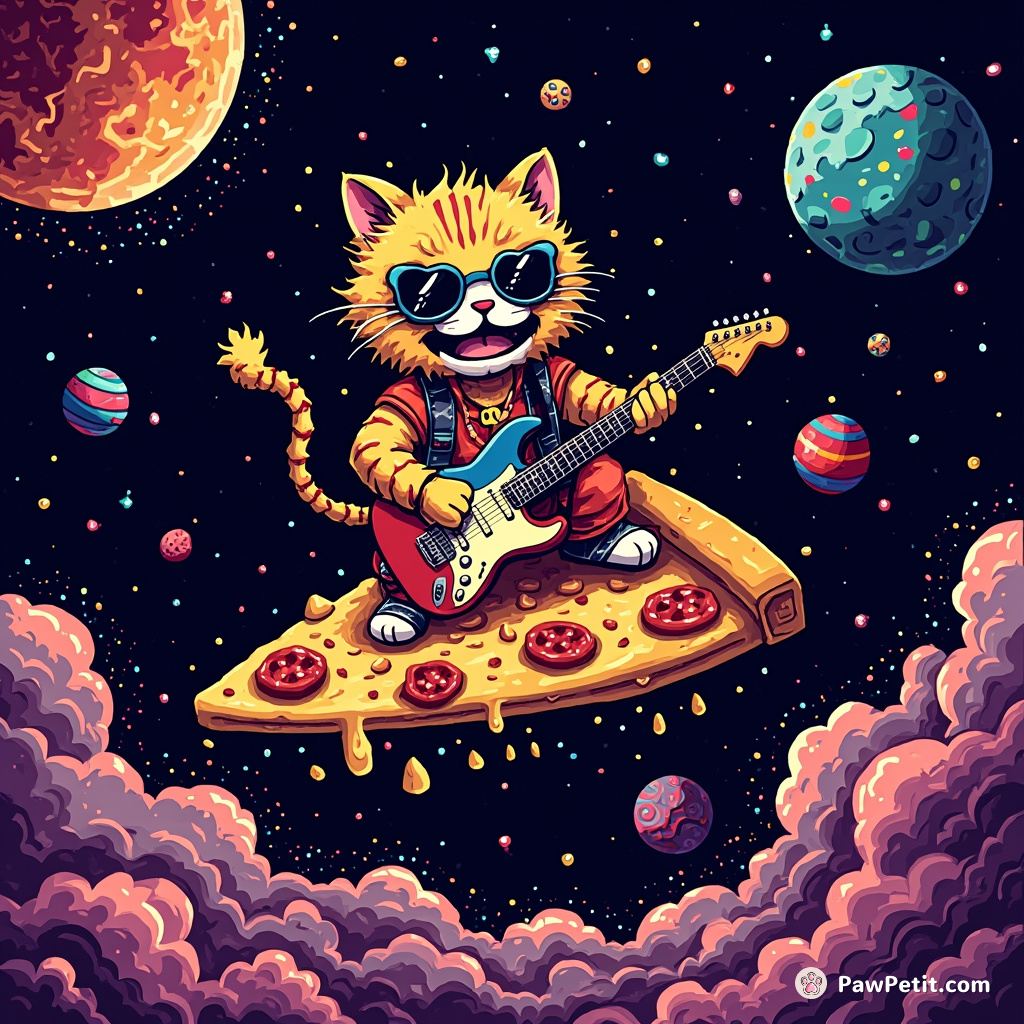 A punk rock cat shredding an electric guitar on a slice of floating pizza in outer space with colorful asteroids dancing around.