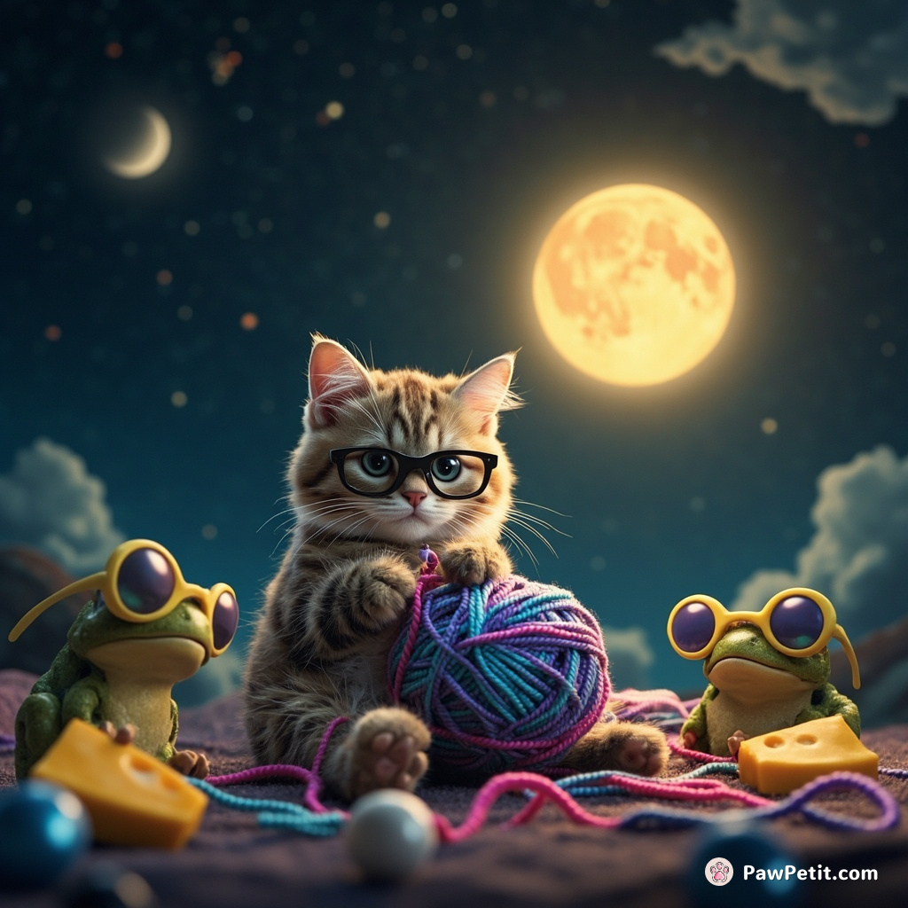 Cat knitting galaxy yarn under a cheese moon with tiny hypno-glasses frogs.