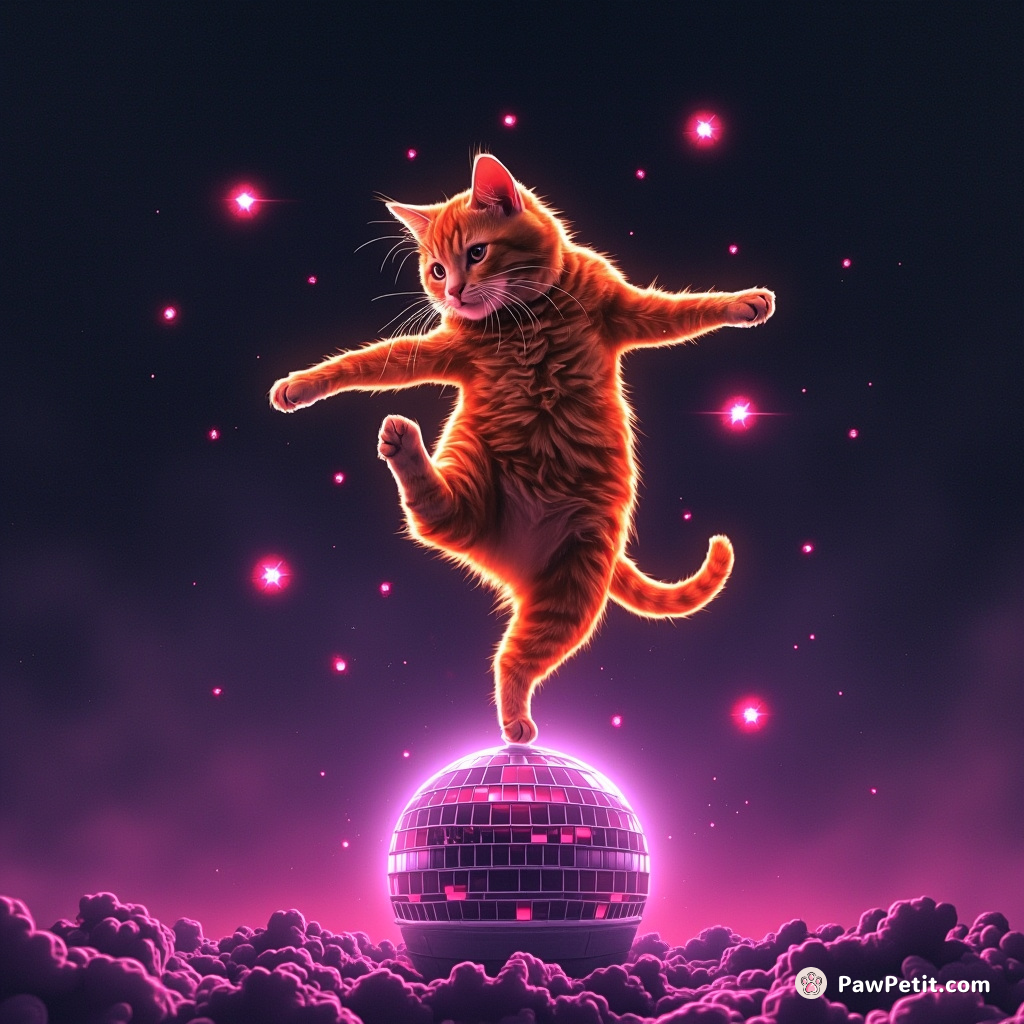A neon orange cat breakdancing on a floating disco ball, in the middle of an alien rave party.