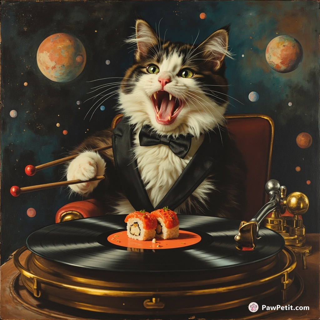 A tuxedo cat using chopsticks to zestfully eat sushi on a spinning phonograph in low-gravity space.
