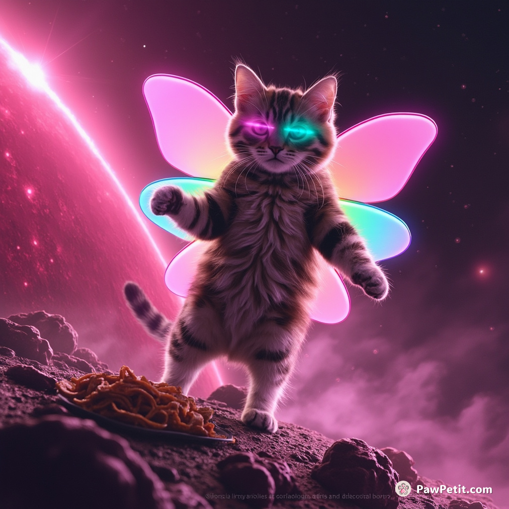 An alien-butterfly-hybrid cat, disco-dancing on a rainbow-striped asteroid while eating glowing lasagna under pink neon galaxy skies.