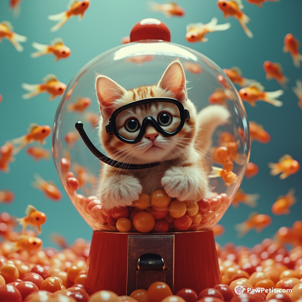 A cat scuba diving within a giant gumball machine full of goldfish.