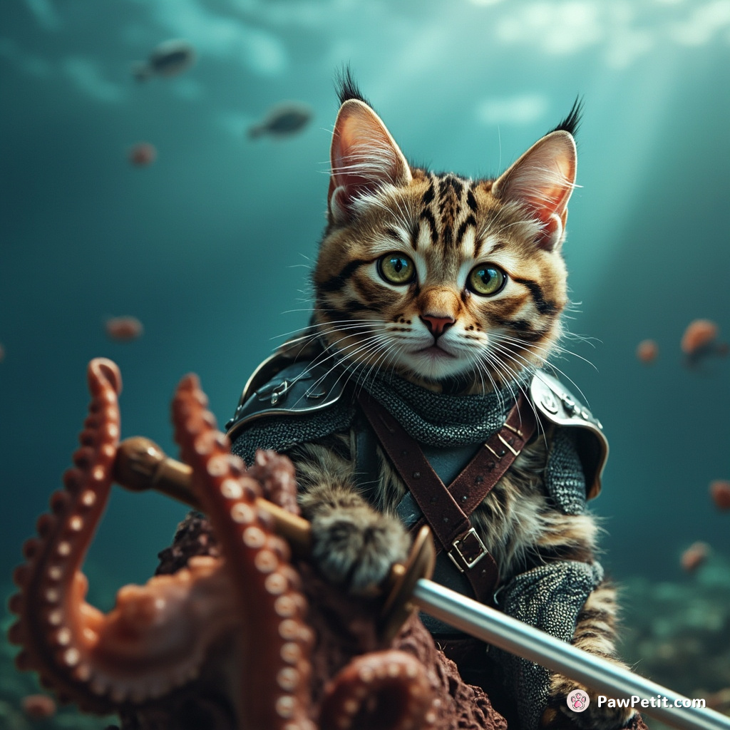 A tabby cat in a knight's armor, jousting on a sea-horse underwater against an octopus.