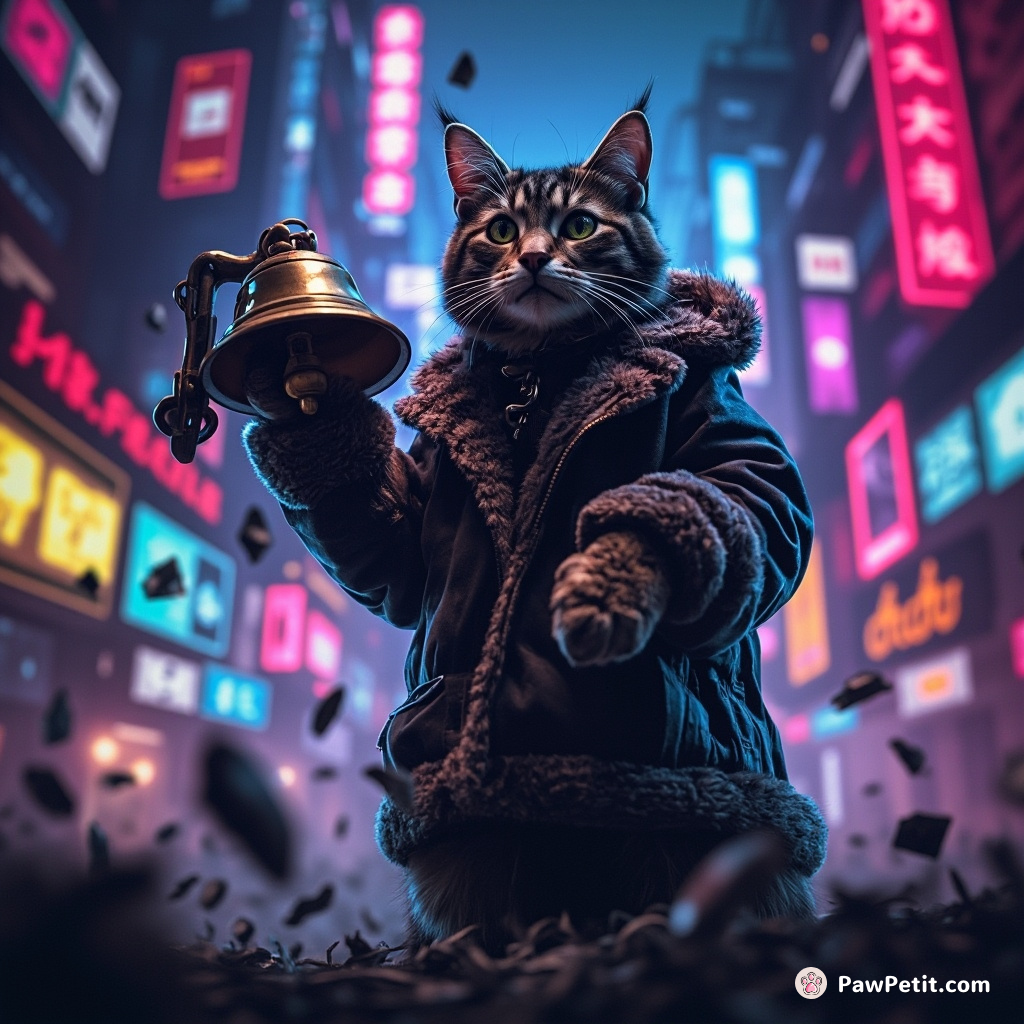 In the midst of chaos, a tabby cat ominously rings a bell, curfew for humans commences.