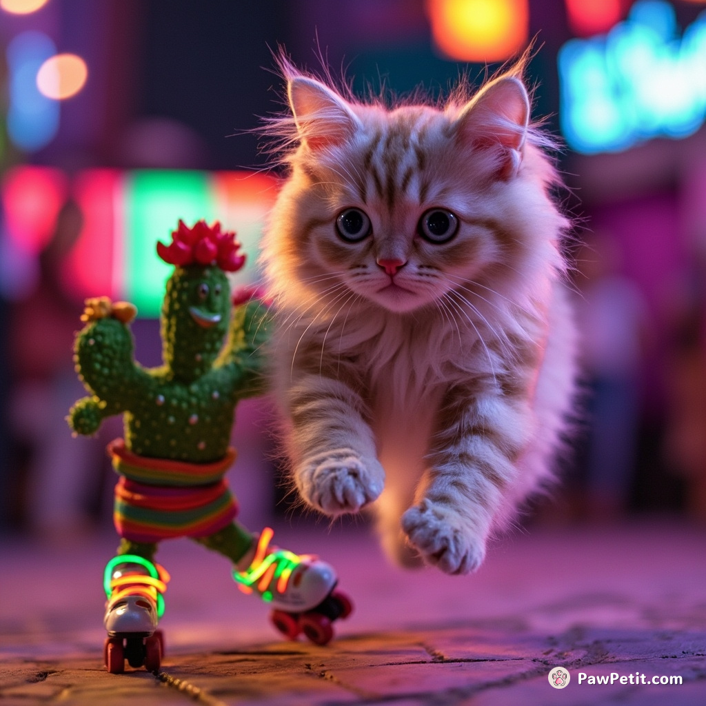 A neon cat leaping over a salsa-dancing cactus on rainbow roller-skates in an alien disco.