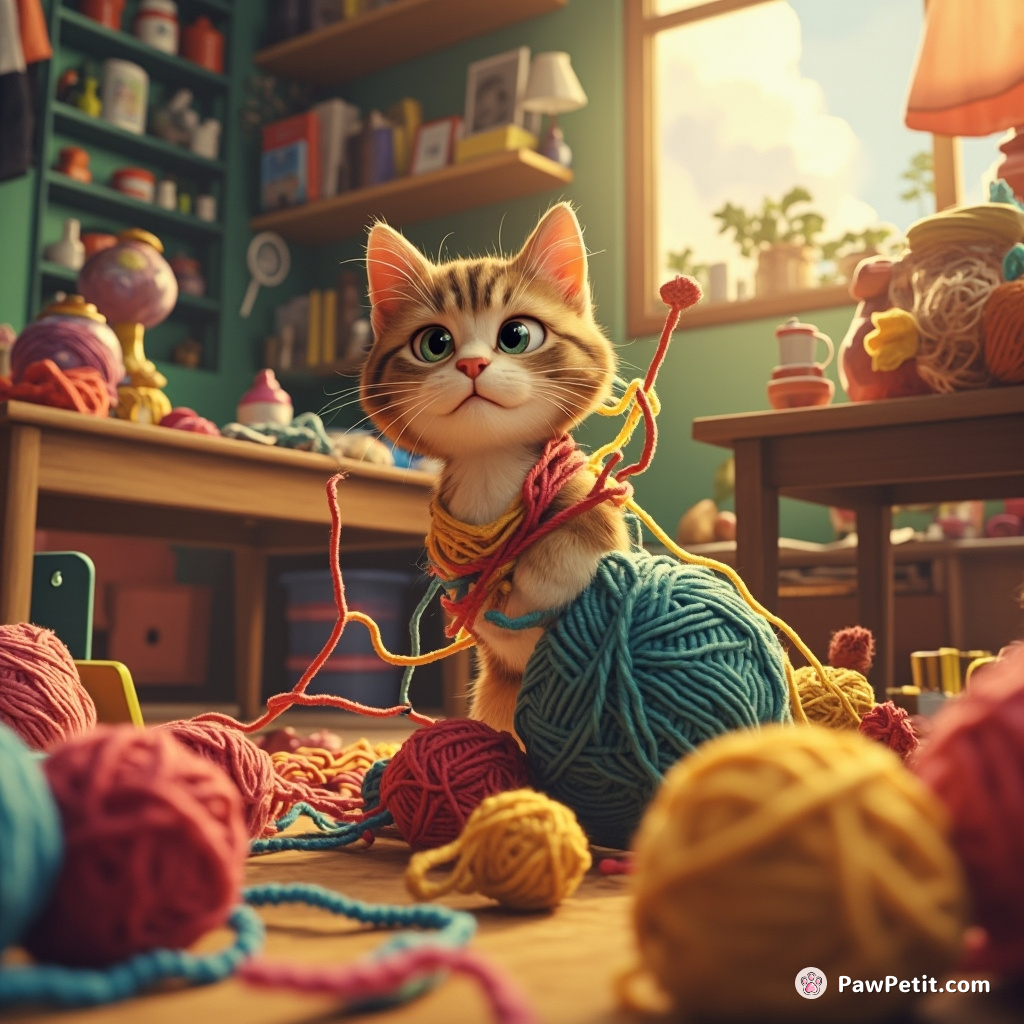 During the chaotic garage sale, the bewildered cat accidentally entangles himself in knitting yarn strewn across cluttered tables.