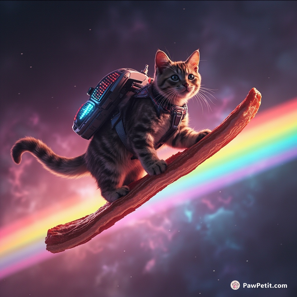 Cybernetic cat surfing on a rainbow bacon in an extraterrestrial nebula.