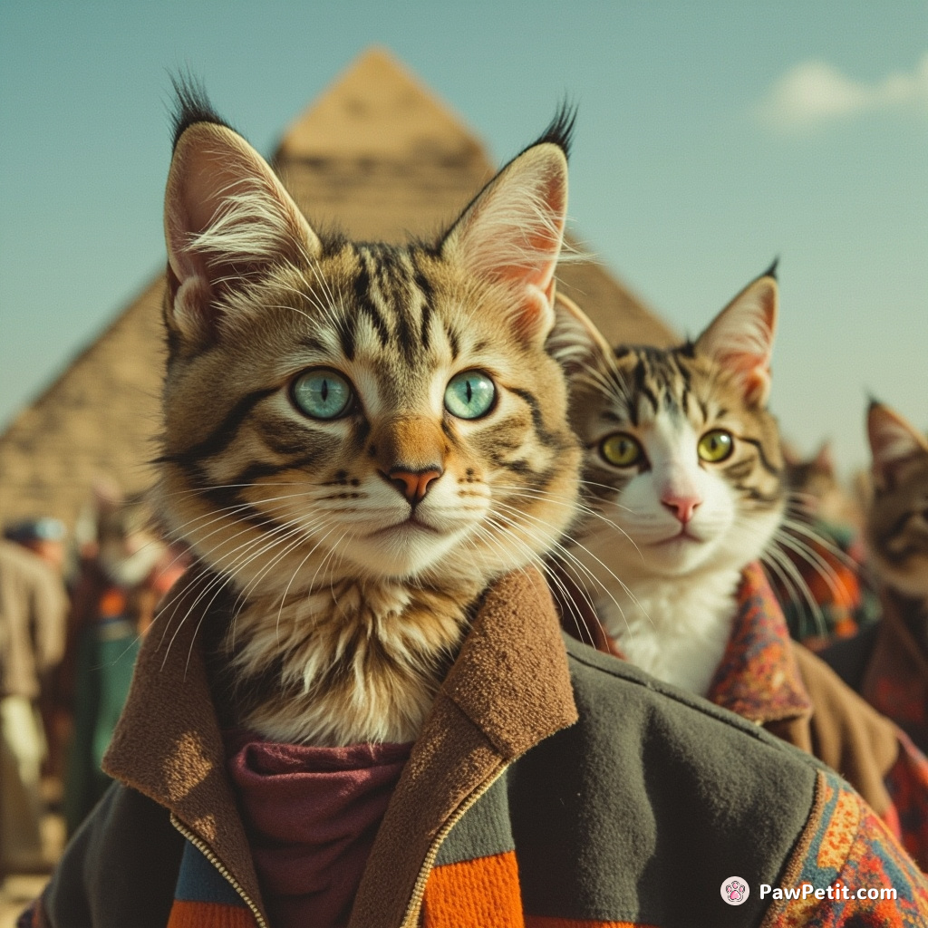 In this cat-ruled future, **"Felines convene atop the Great Pyramid for a global decree on human labor laws."**