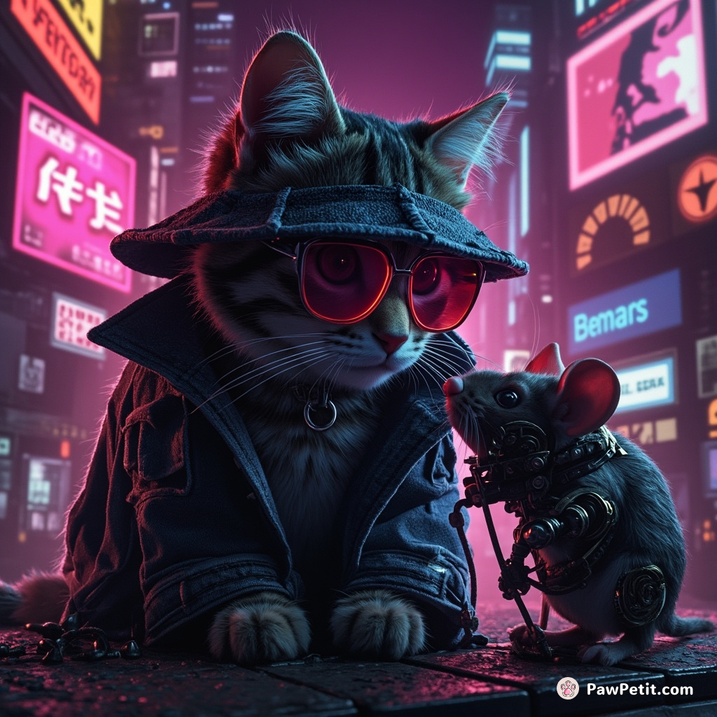 Cyberpunk detective cat interrogating a machine mouse in grimy neon billboards cityscape.