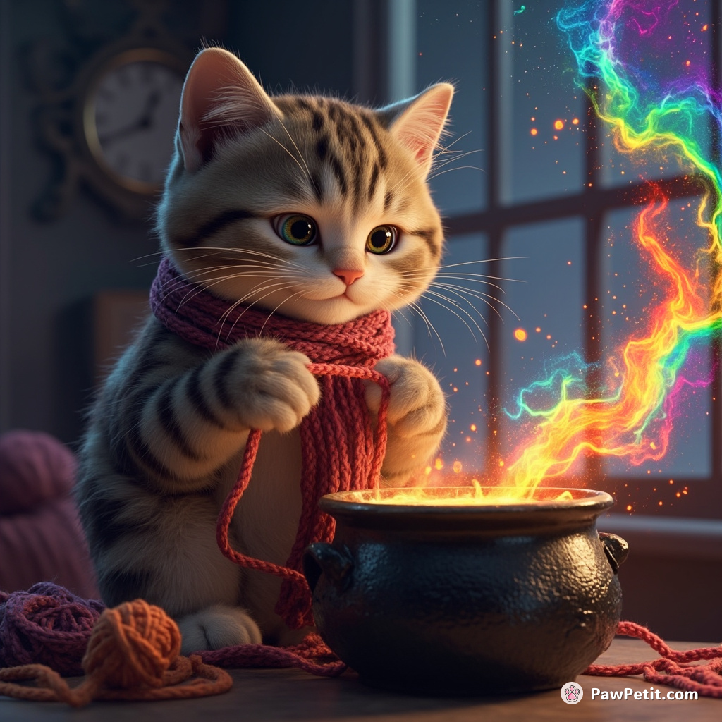 A cat simultaneously knitting a galaxy with yarn and stirring a cauldron of rainbow soup inside a clock tower.