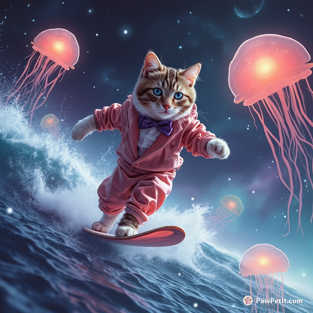 Cat surfing on a nebula wave, wearing a spacesuit and bow tie, chased by intergalactic jellyfish.