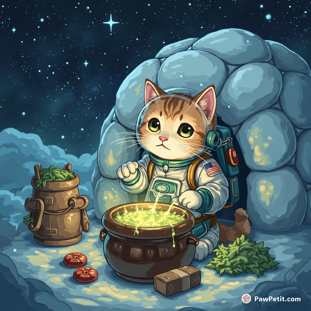 An astronaut cat brewing a potion of zero-gravity catnip in a space cauldron inside a cosmic igloo.