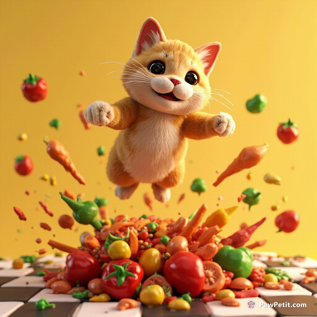 A cat levitating above a checkerboard field where vegetable salsa ingredients comet-crash in simultaneous explosions of color.