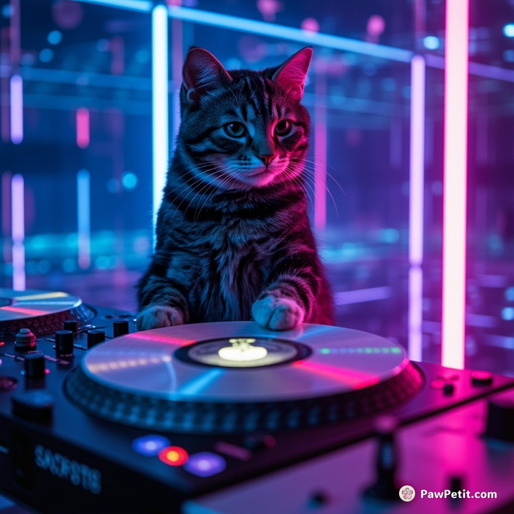 Cybernetic cat disc jockey spinning holographic vinyls in a neon aquatic nightclub.