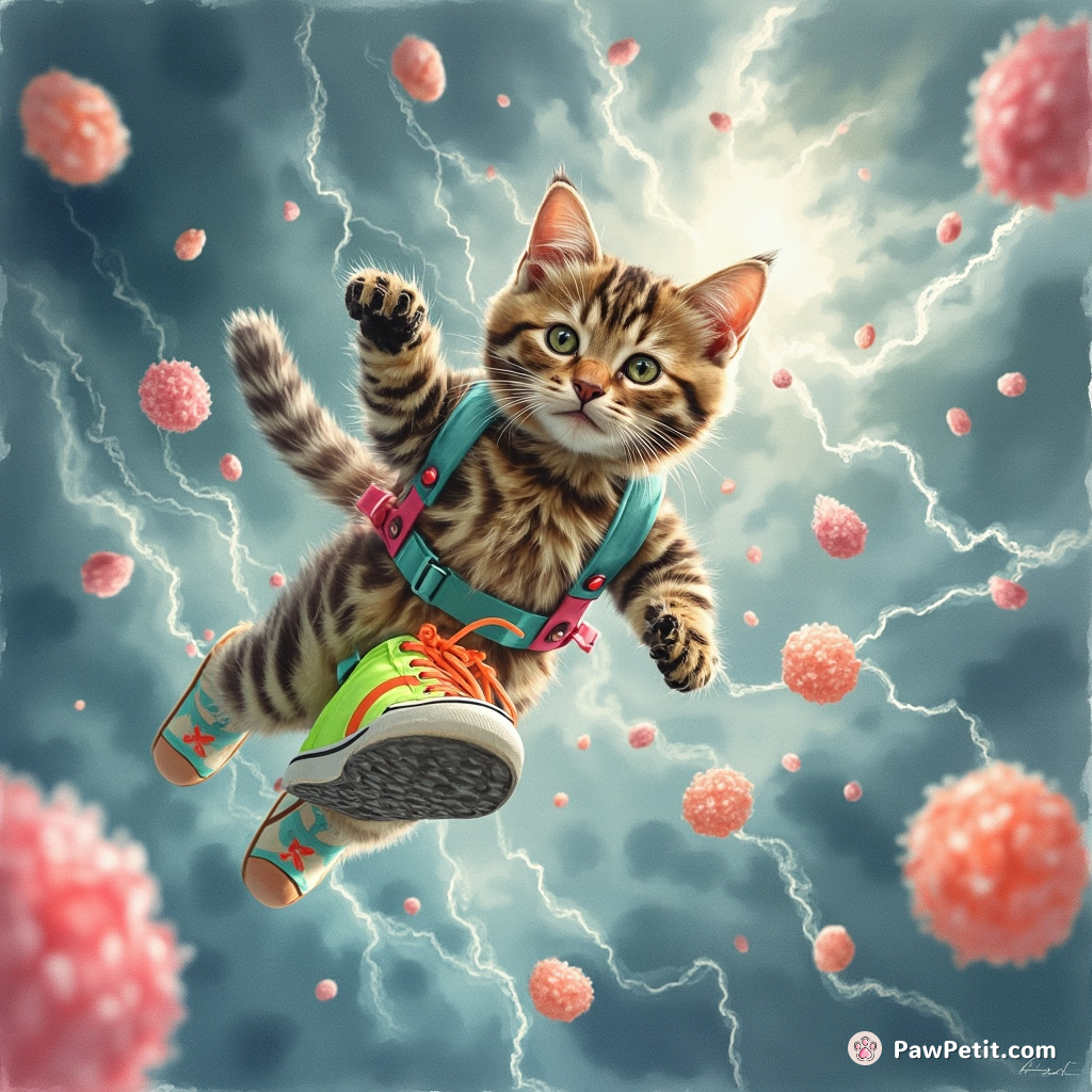 A skydiving tabby cat wearing neon sneakers, navigating through an obstacle course of floating jube-jube candies amidst a thunderstorm.
