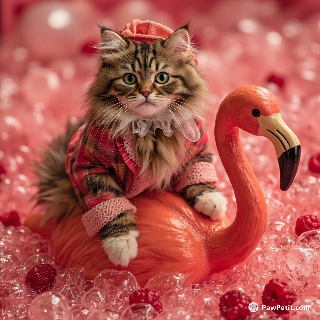 Cat wearing vintage 60s attire, riding a neon flamingo in an ocean of fizzy raspberry soda.