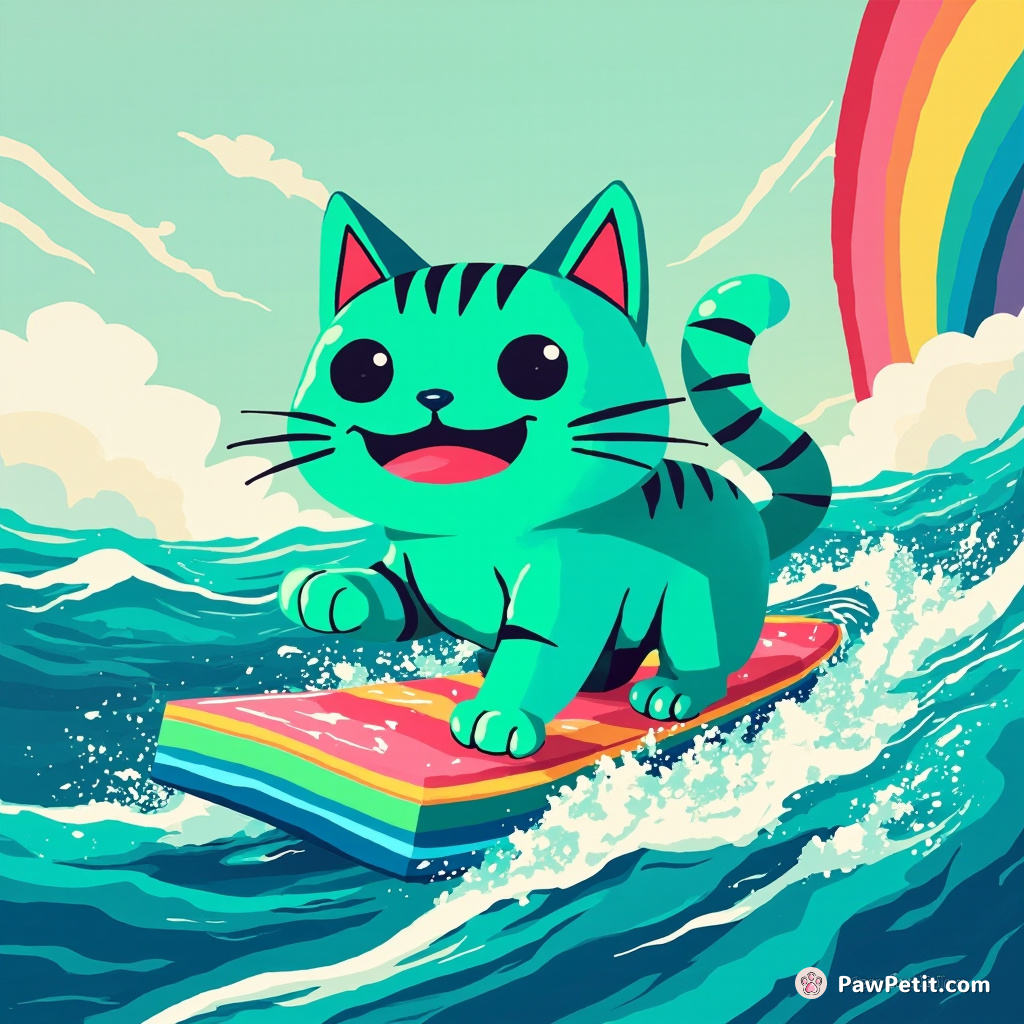 A grinning neon turquoise cat surfing on slices of Galaxy Toast across a Jello ocean under liquorice rainbows.
