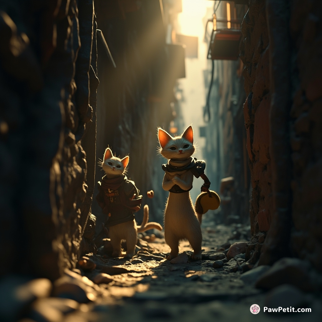 Cats silently glide between shadows, plotting secret meetings in the city's forgotten alleyways.
