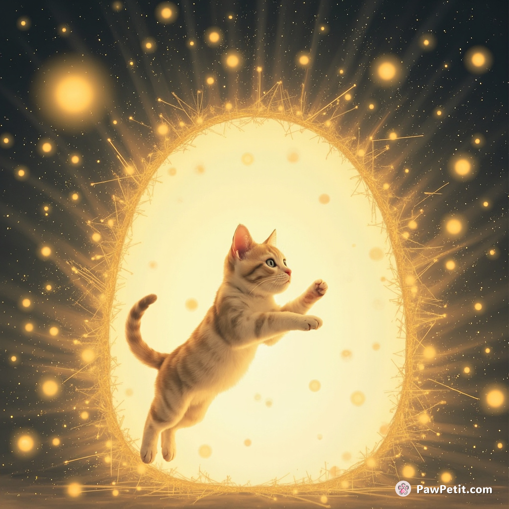 The cat leaps through shimmering portals, unraveling digital constellations with each playful pounce.