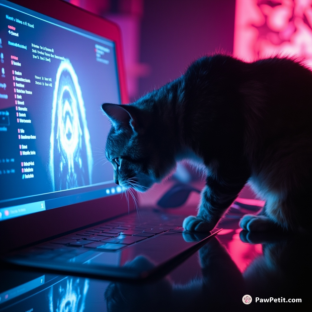 Cat pounces on a moving cursor, thinking it's a mysterious prey in the human's glowing box.