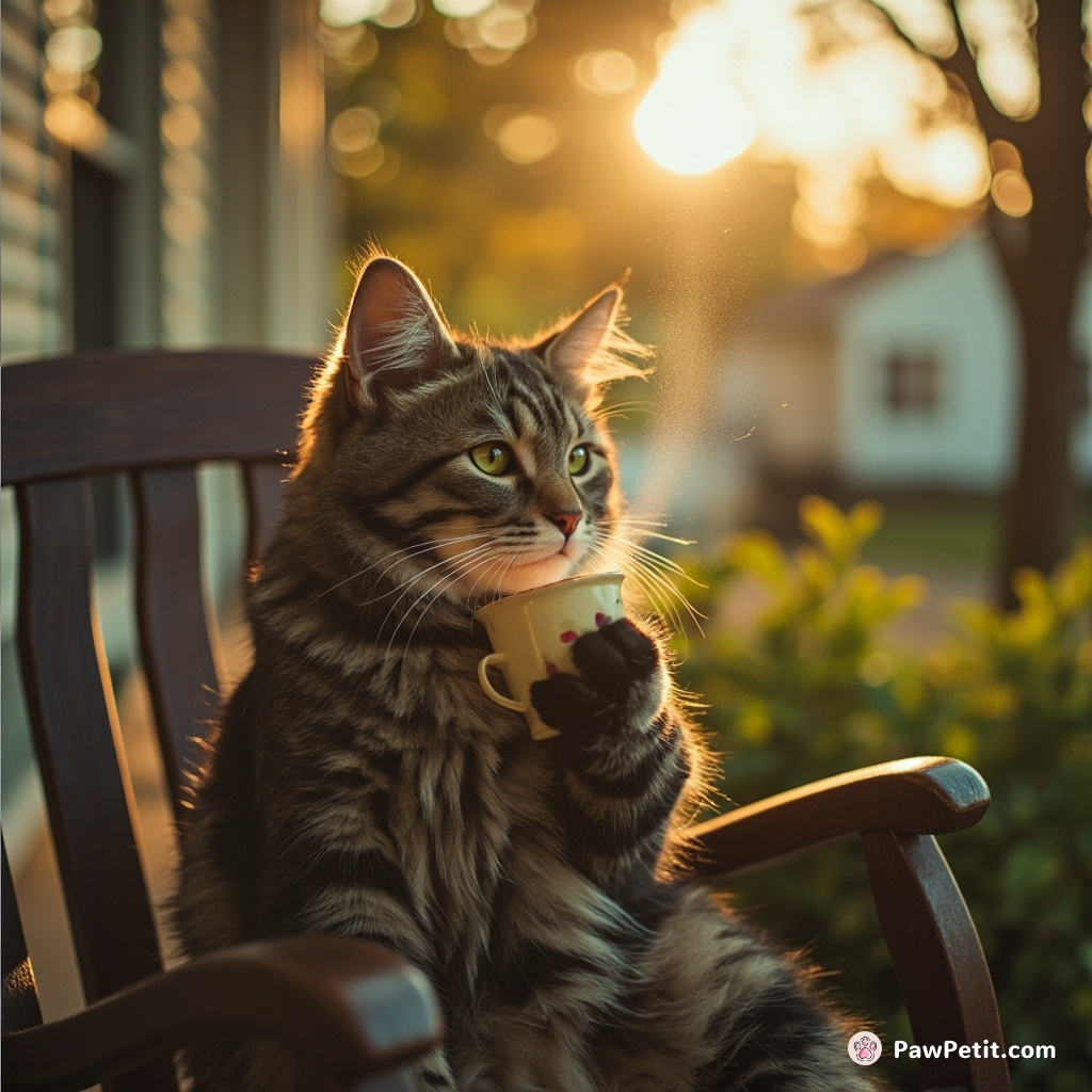 Checkered-paw Murphy causing a spectacle, nostalgically sips hummingbird delight in the old-fashioned porch rocker; neighborhood dismayed.