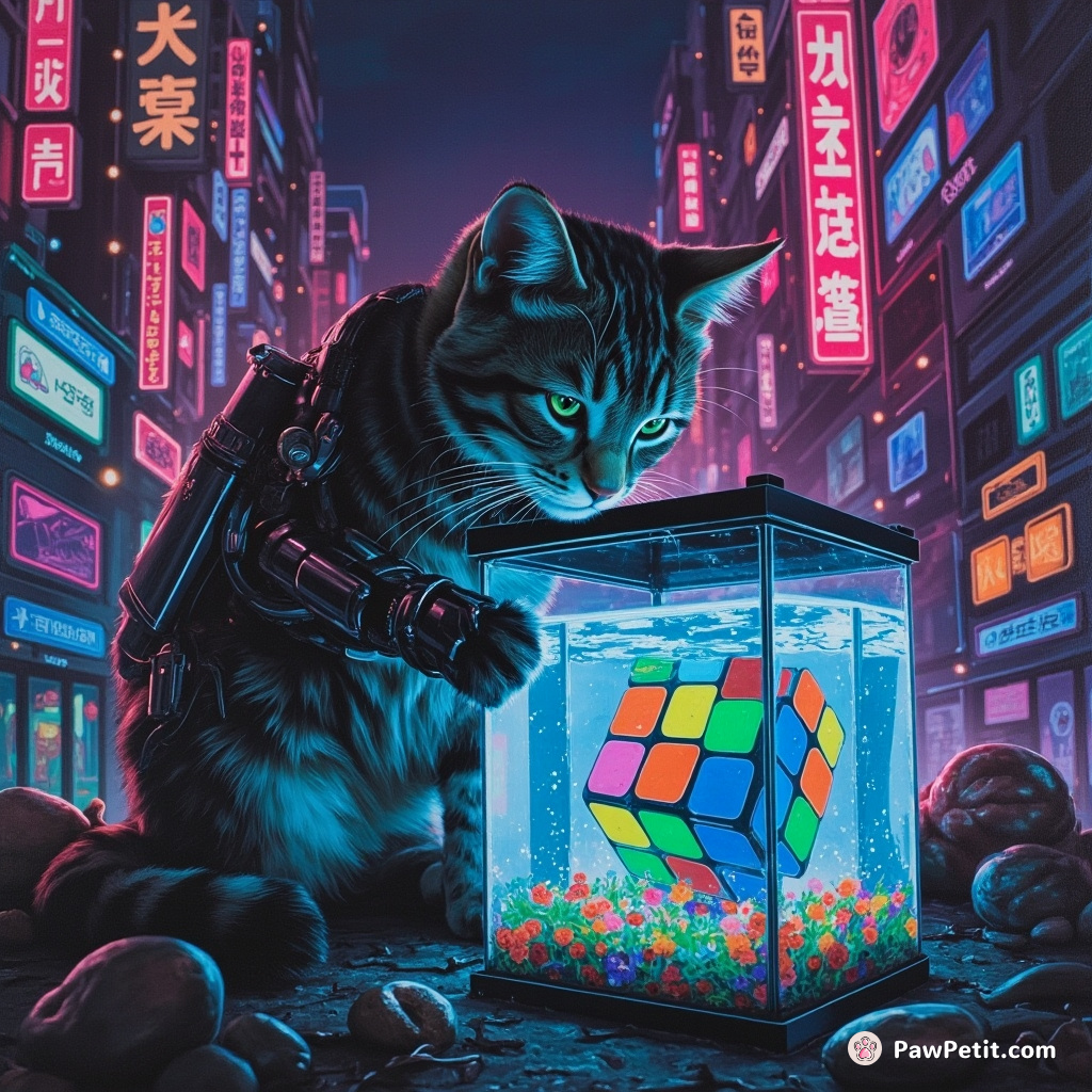 A cybernetic cat in neon-lit dystopian cityscape trying to crack a holographic, Rubik's cube-shaped fish tank.