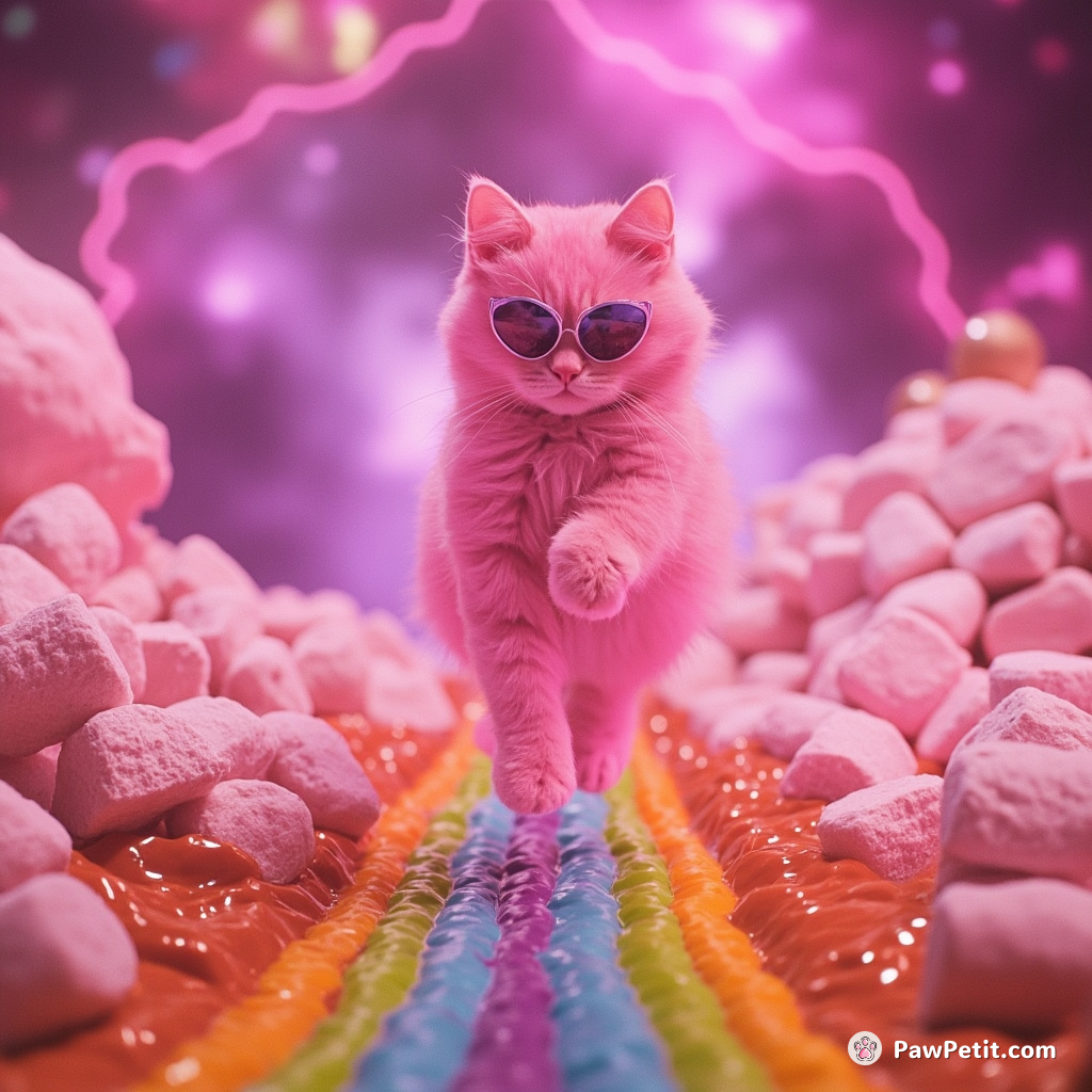 A pink cosmic cat bouncing on rainbow marshmallows over a caramel lagoon in a candy dimension.