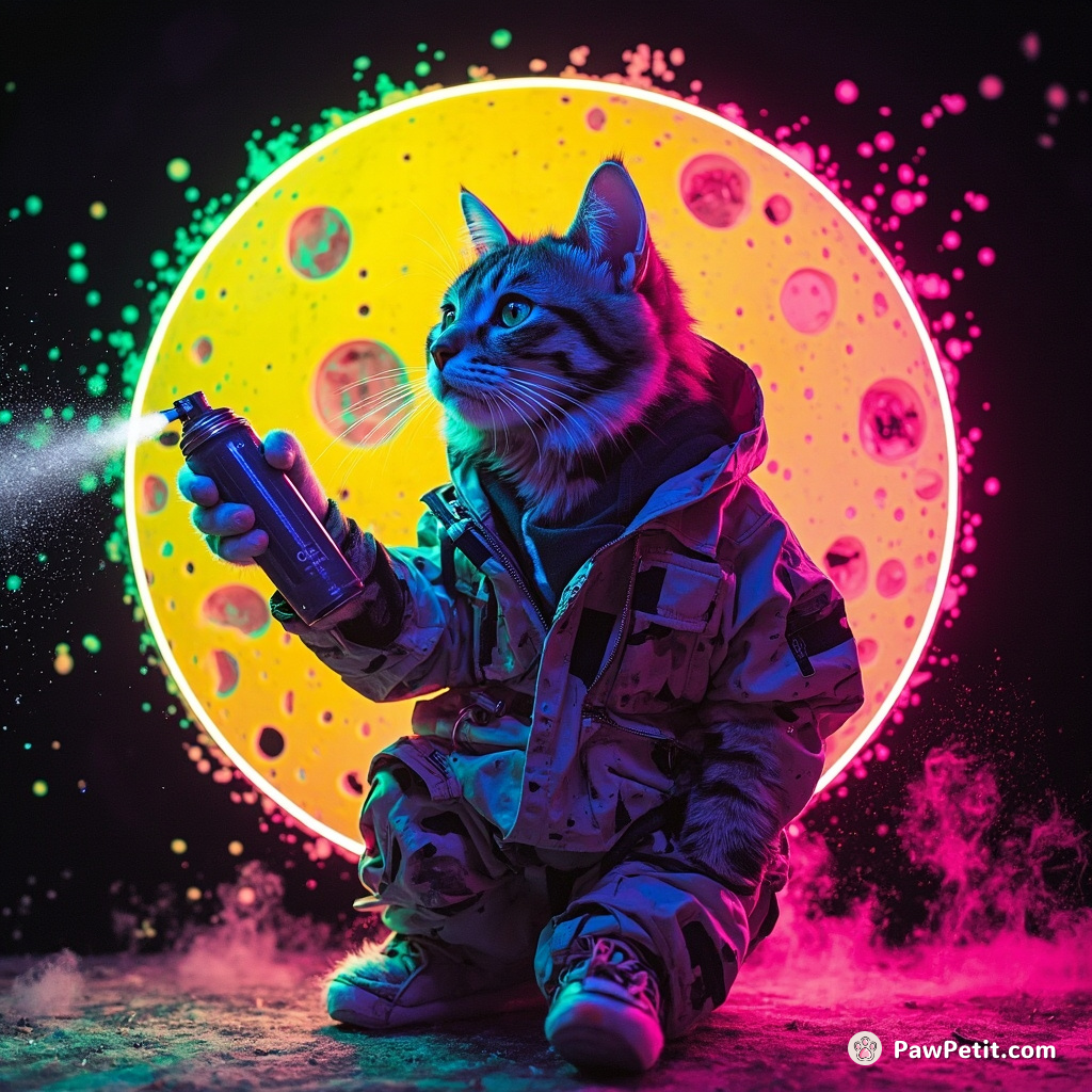 A neon graffiti artist cat spraying multi-colored paint onto a giant cheese moon.