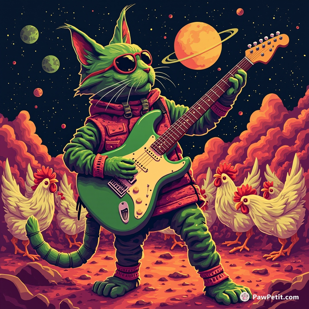 Alien cat playing an interdimensional electric guitar in a music contest on Mars, with cosmic chickens as its cheering crowd.