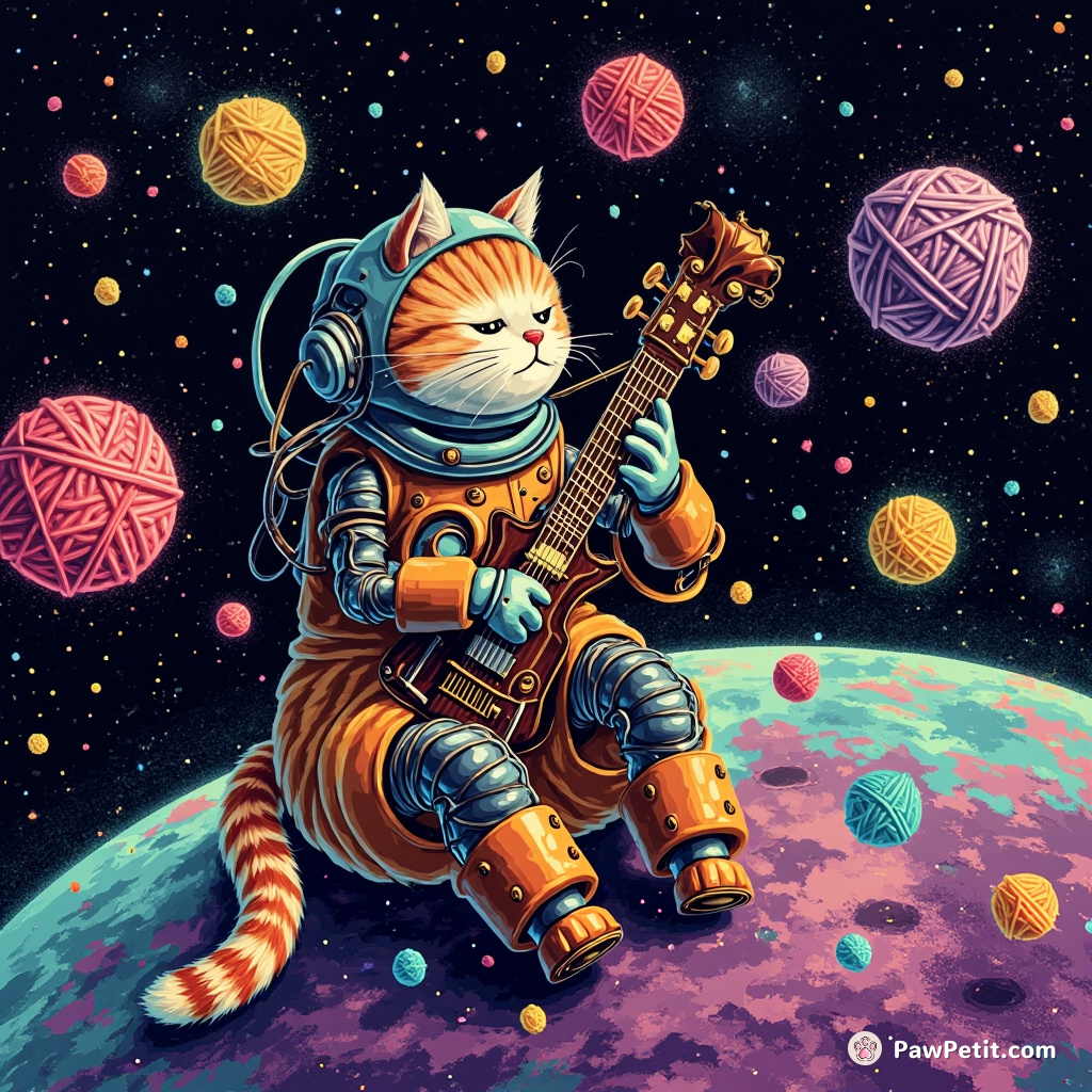 Cyborg cat composing a symphony in zero gravity with yarn-ball meteors.