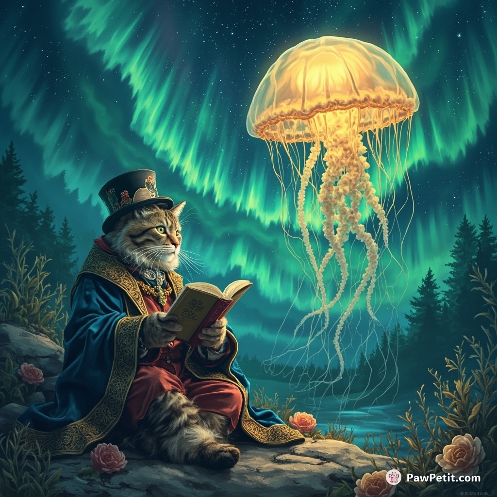A royal cat in Victorian clothing studying a giant, glowing jellyfish under the mythical Aurora-Borealight.