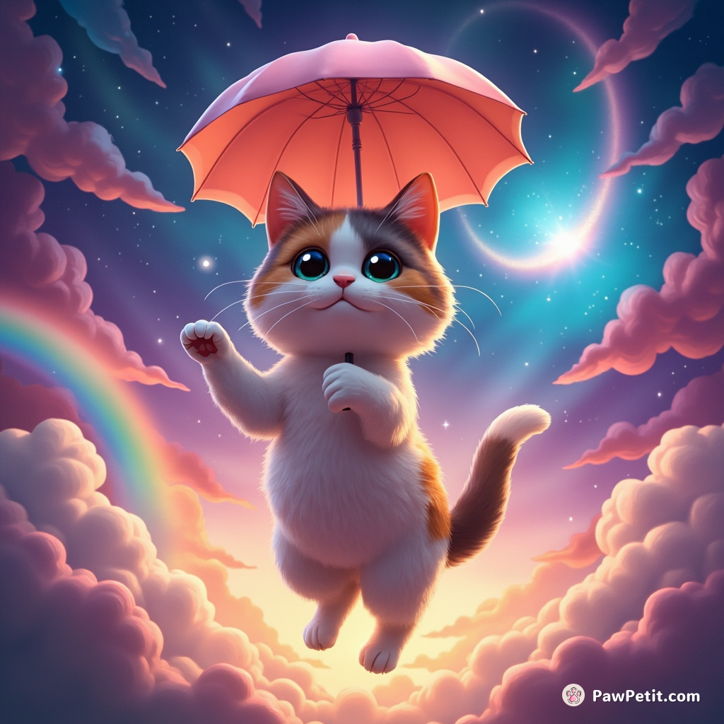 A Calico cat tap dancing on a floating umbrella in the middle of a cosmic rainbow storm.