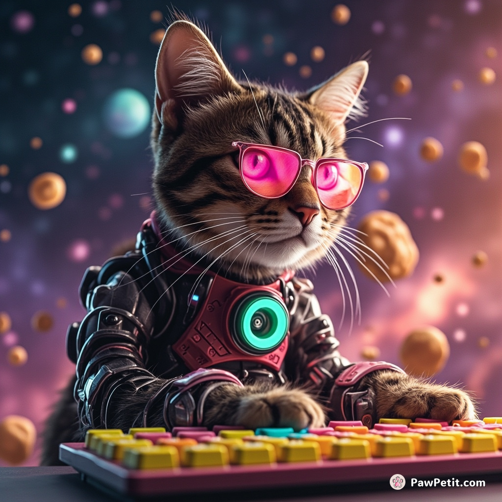 Cyborg cat calculating quantum equations on rainbow keyboards amidst a pancake galaxy.
