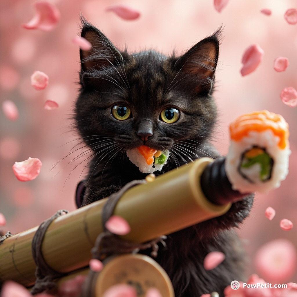 A ninja cat stealthily launching sushi rolls from a bamboo cannon, with cherry blossom petals swirling around.